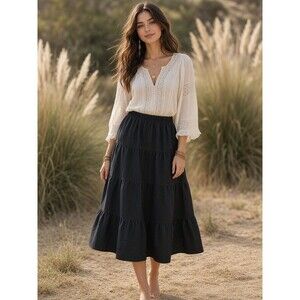 Baby'O Women's Below the Knee 4 Tiered Black Denim Prairie Skirt Size XXL